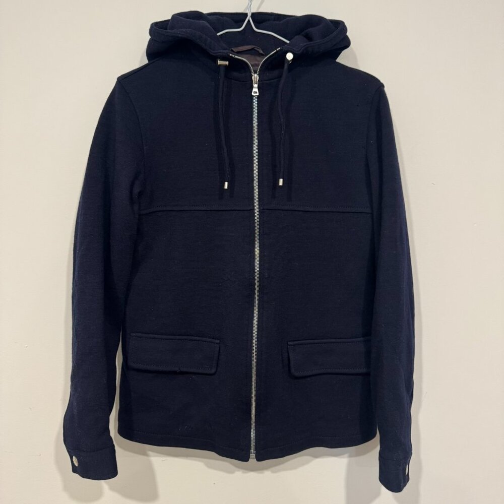 Vintage 1990s Prada Womens Wool Full Zip Hoodie Jacket Lined Size M Navy Blue